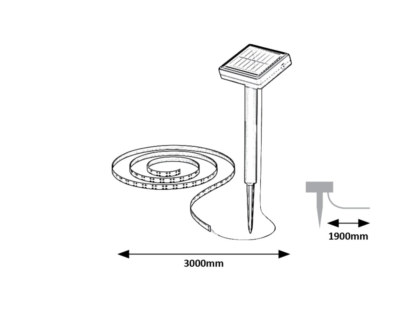 Napelemes LED szalaglámpa diagramja. Tartalmazza a méreteket.