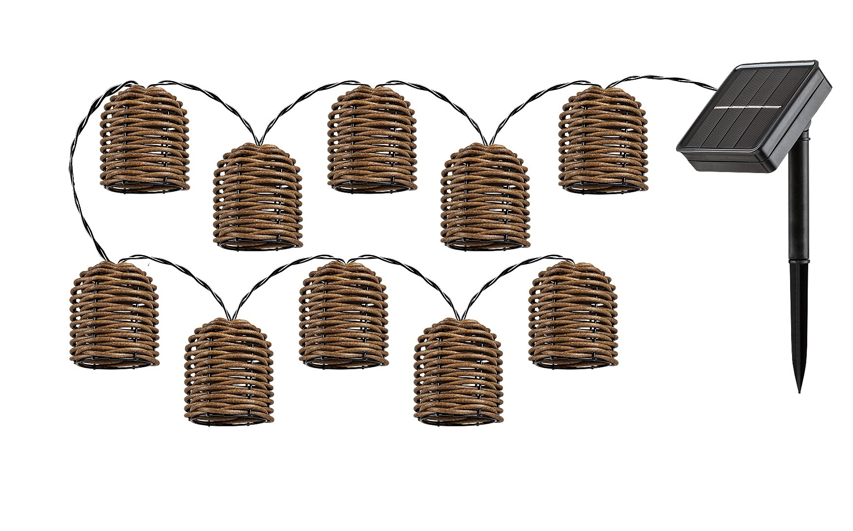 Füzérfények szőtt lámpákkal és napelemmel fehér alapon.
