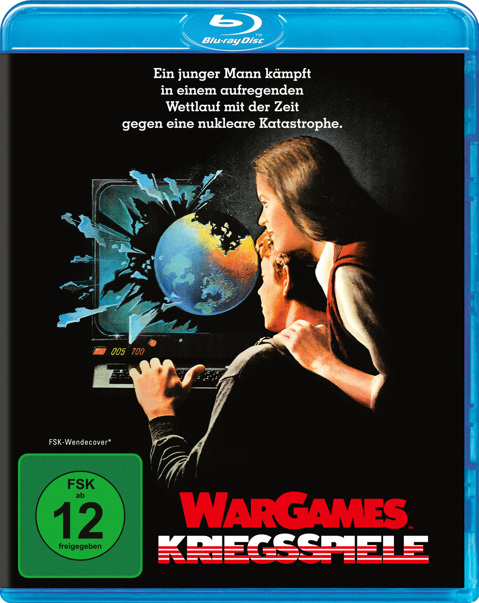 Blu-ray-Cover von Wargames. Ein Mann und eine Frau an einem Computer, ein Globus auf dem Bildschirm. Deutscher Text.