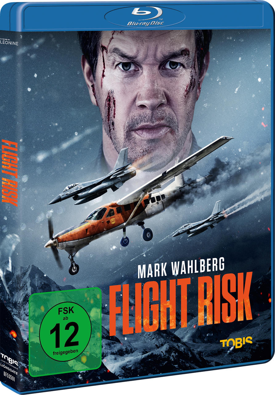 Filmcover von Flight Risk. Mark Wahlberg mit Gesichtsverletzungen, Flugzeuge am Himmel, Bergkulisse.