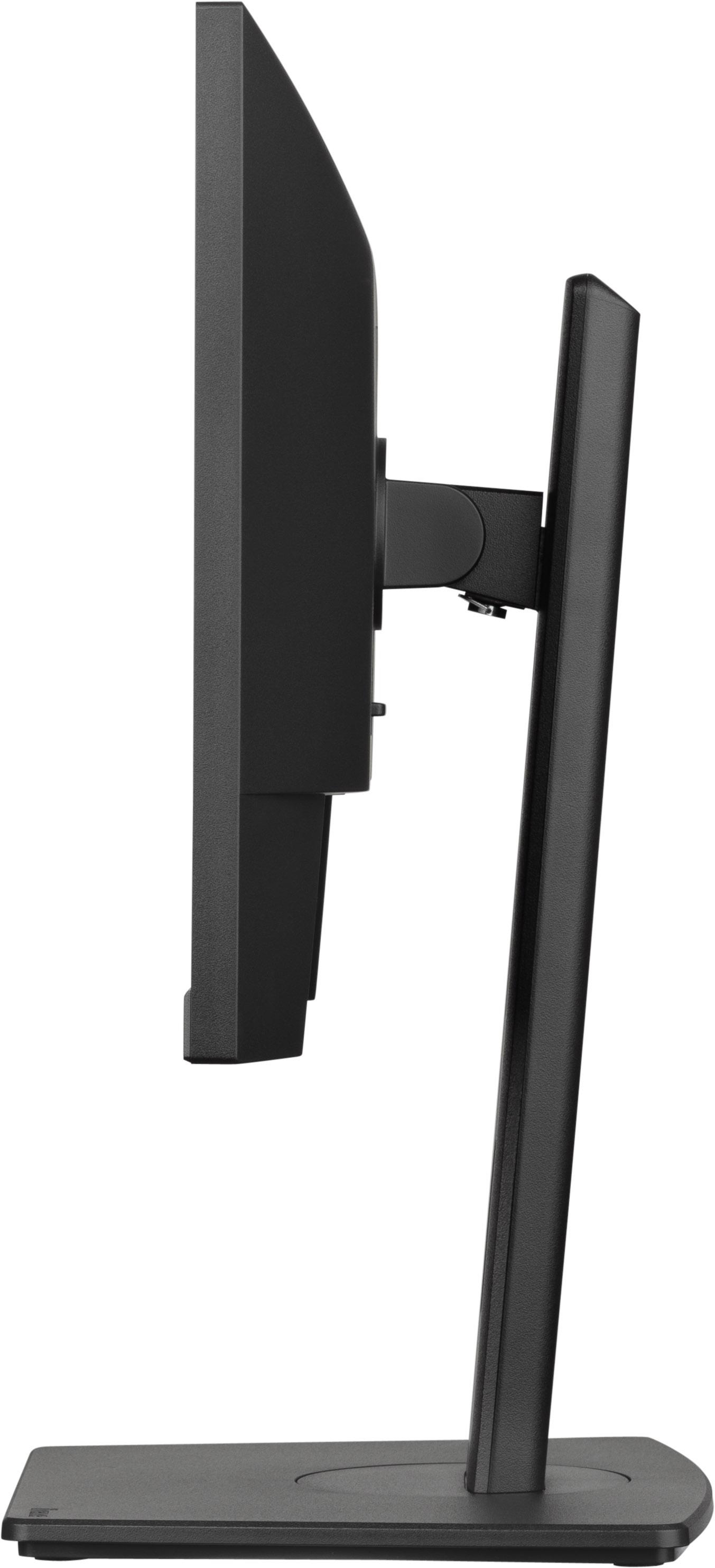 Seitenansicht eines schwarzen Iiyama-Monitors, der den dünnen Bildschirm und den Ständer zeigt. Der Monitor ist aus.