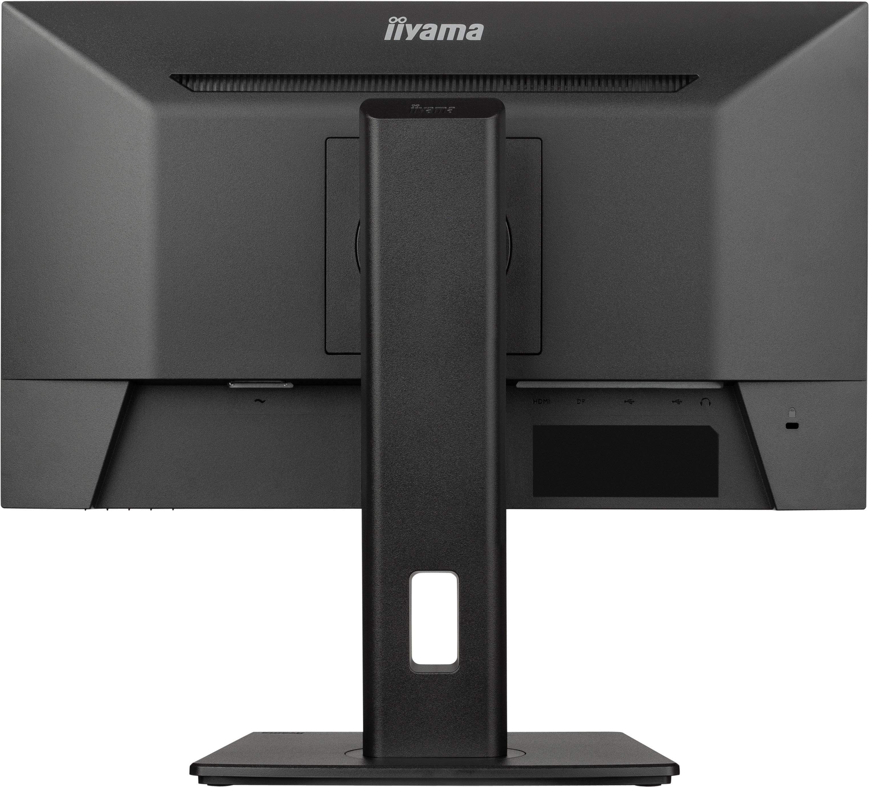 Rückseite eines schwarzen Iiyama-Monitors mit Ständer und sichtbaren Anschlüssen. Iiyama-Logo oben.