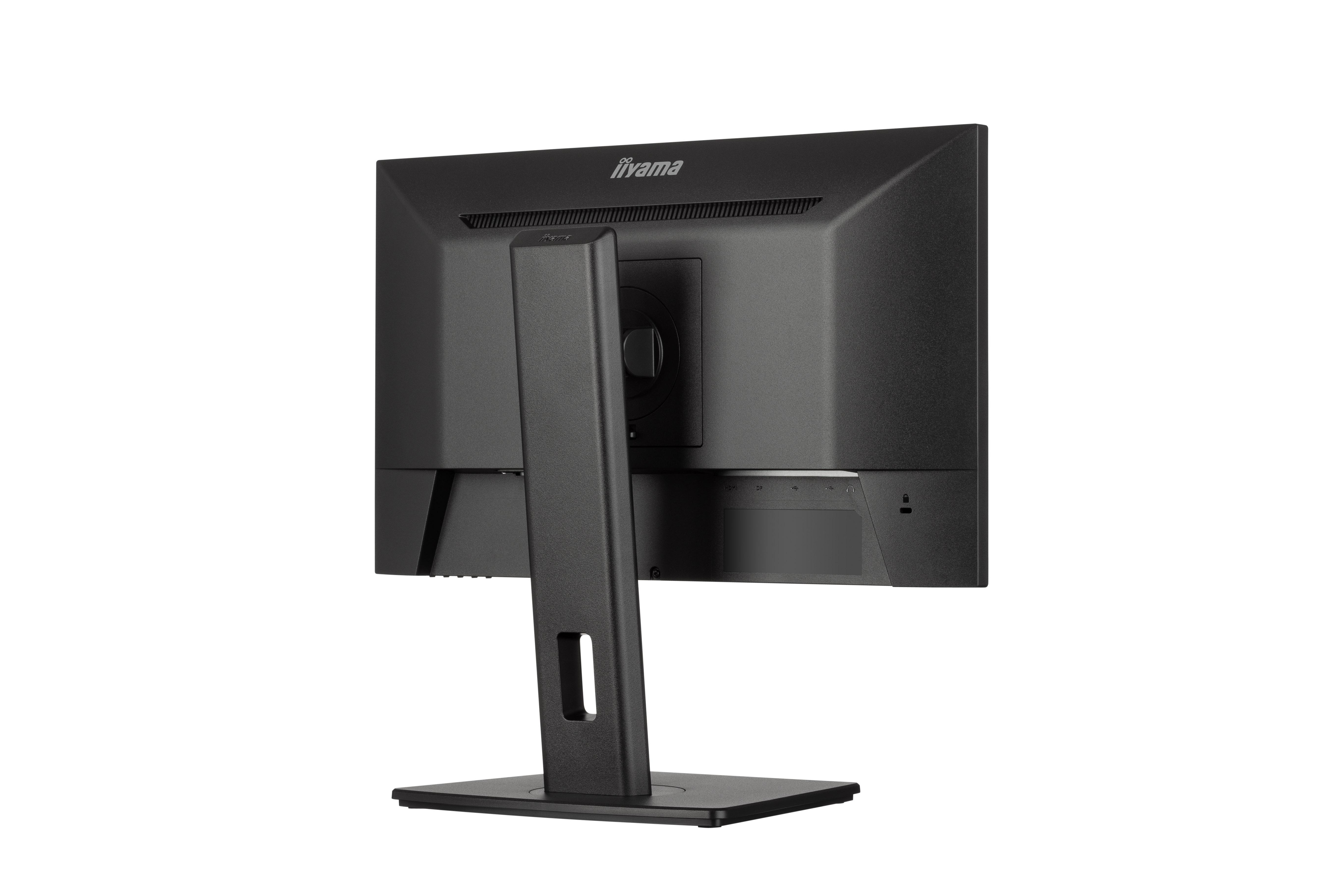 Rückansicht eines schwarzen Iiyama-Monitors, die den Ständer und die Anschlüsse zeigt. Iiyama-Logo oben.