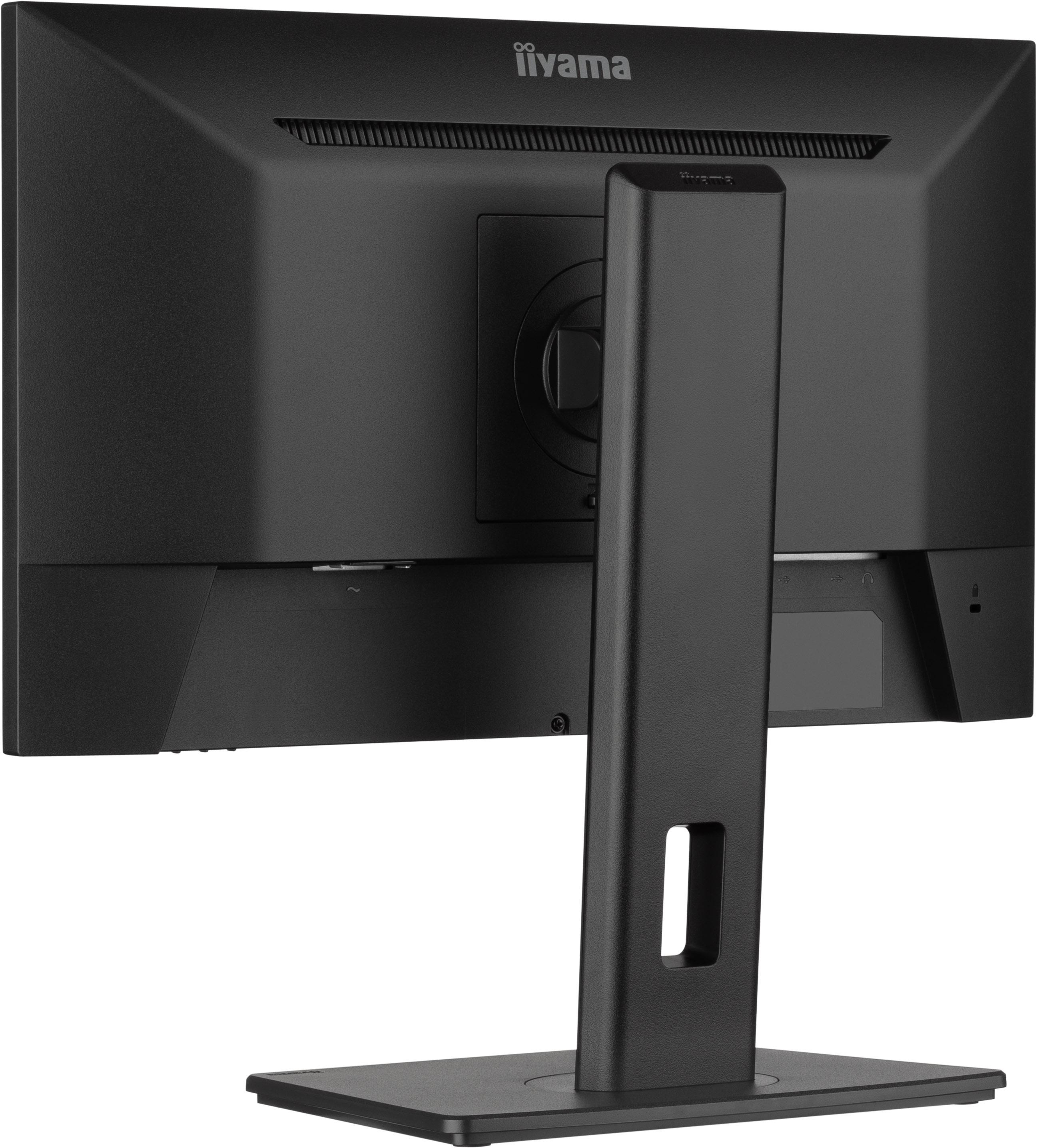 Nahaufnahme der Rückseite eines schwarzen Iiyama-Monitors, die Anschlüsse zeigt. Iiyama oben.