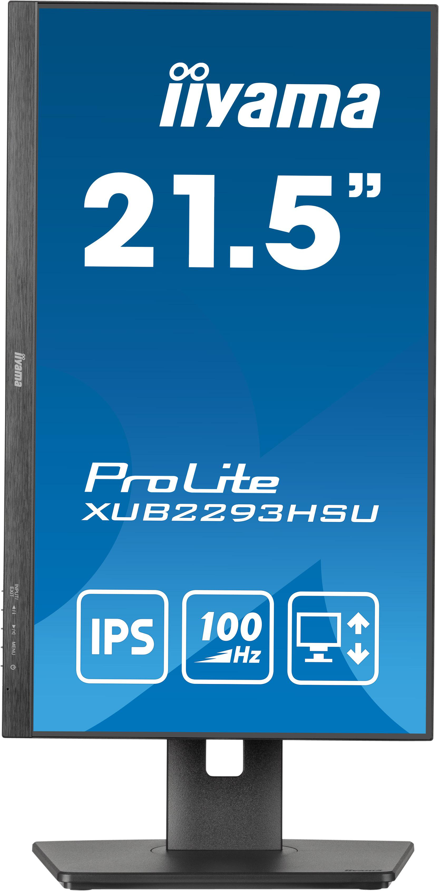 Schwarzer Iiyama-Monitor, 21,5", ProLite XUB2293HSU, IPS, 100 Hz, auf schwarzem Ständer, Seitenansicht.