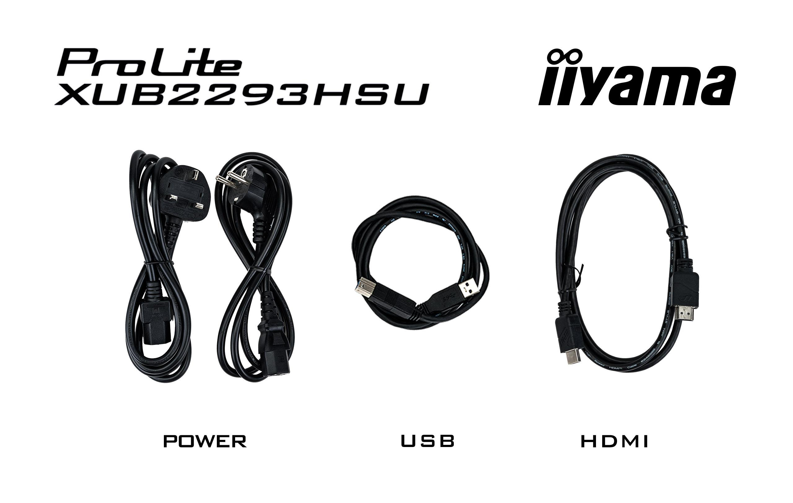 Kabel für einen Iiyama-Monitor: Strom-, USB- und HDMI-Kabel, beschriftet mit POWER, USB und HDMI.