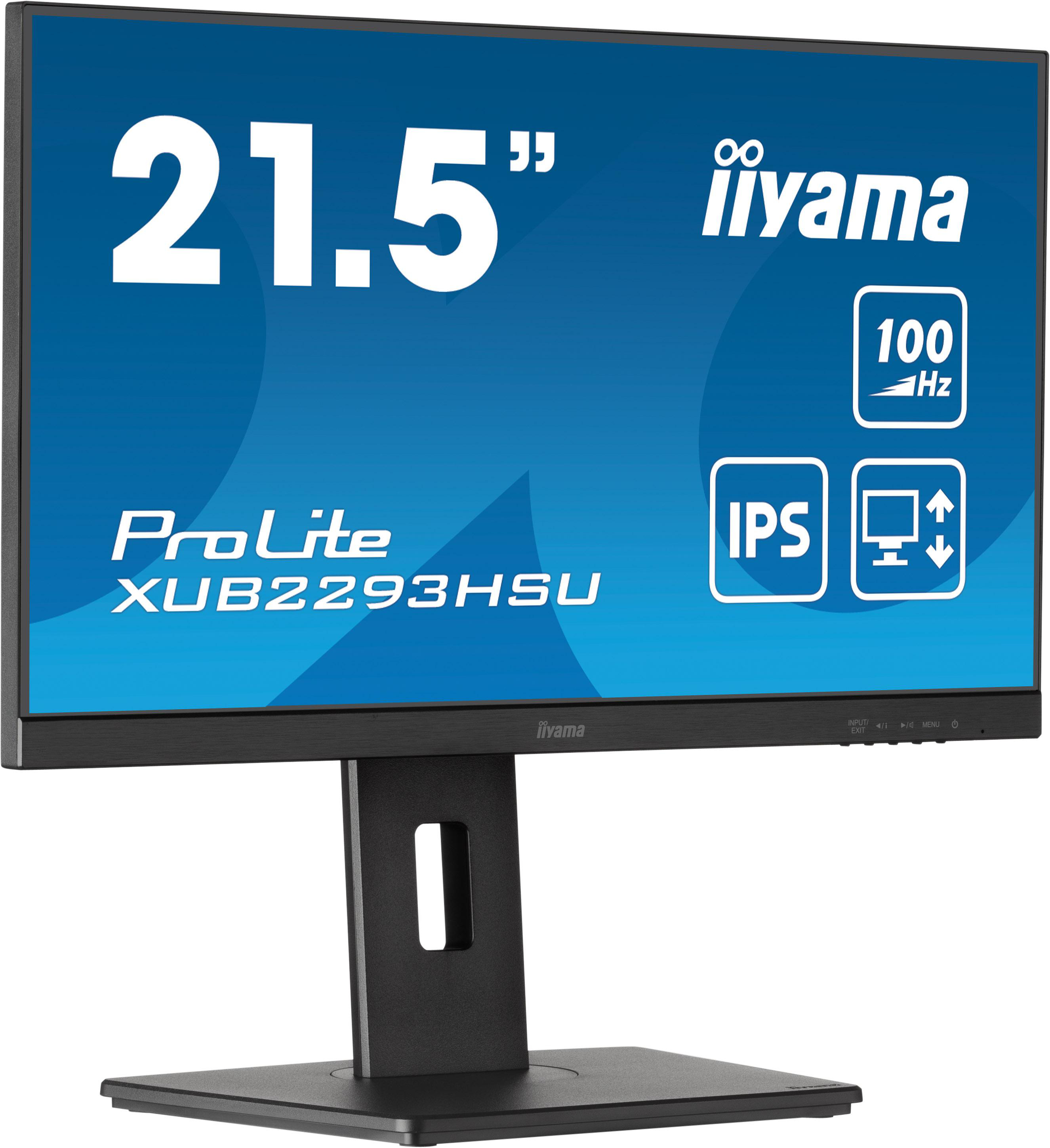 Schwarzer Iiyama-Monitor, 21,5", ProLite XUB2293HSU, IPS, 100 Hz, auf schwarzem Ständer, Winkelansicht.