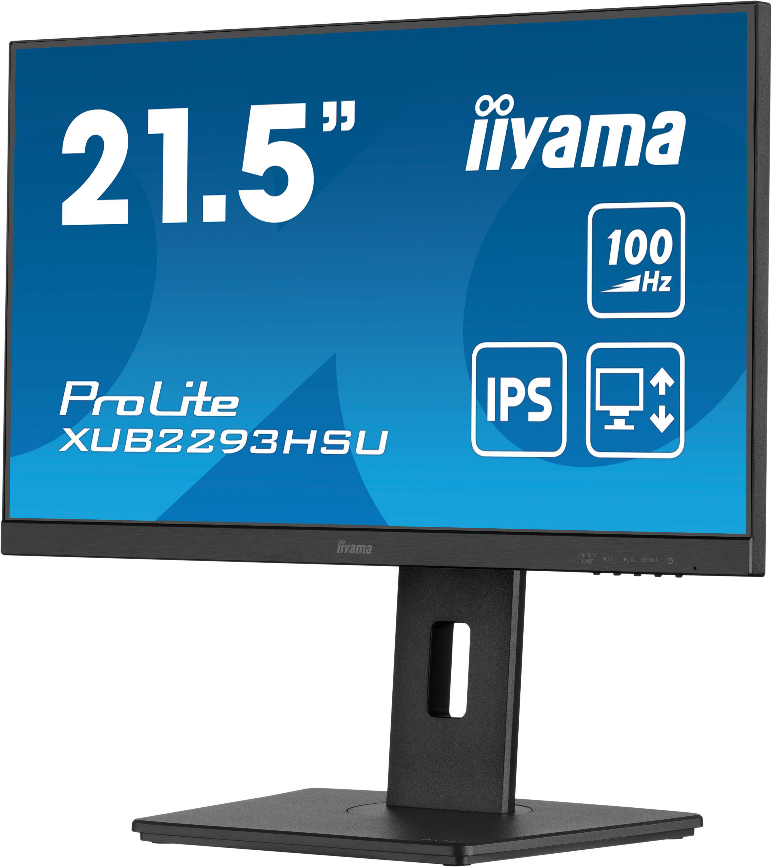 Schwarzer Iiyama-Monitor, 21,5", ProLite XUB2293HSU, IPS, 100 Hz, auf schwarzem Ständer, Winkelansicht.