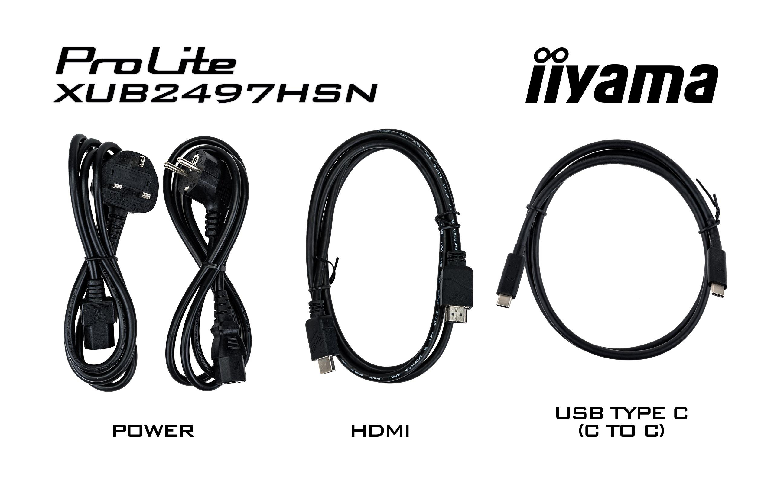 Verschiedene Kabel: Netzkabel, HDMI-Kabel und USB-Typ-C-Kabel.