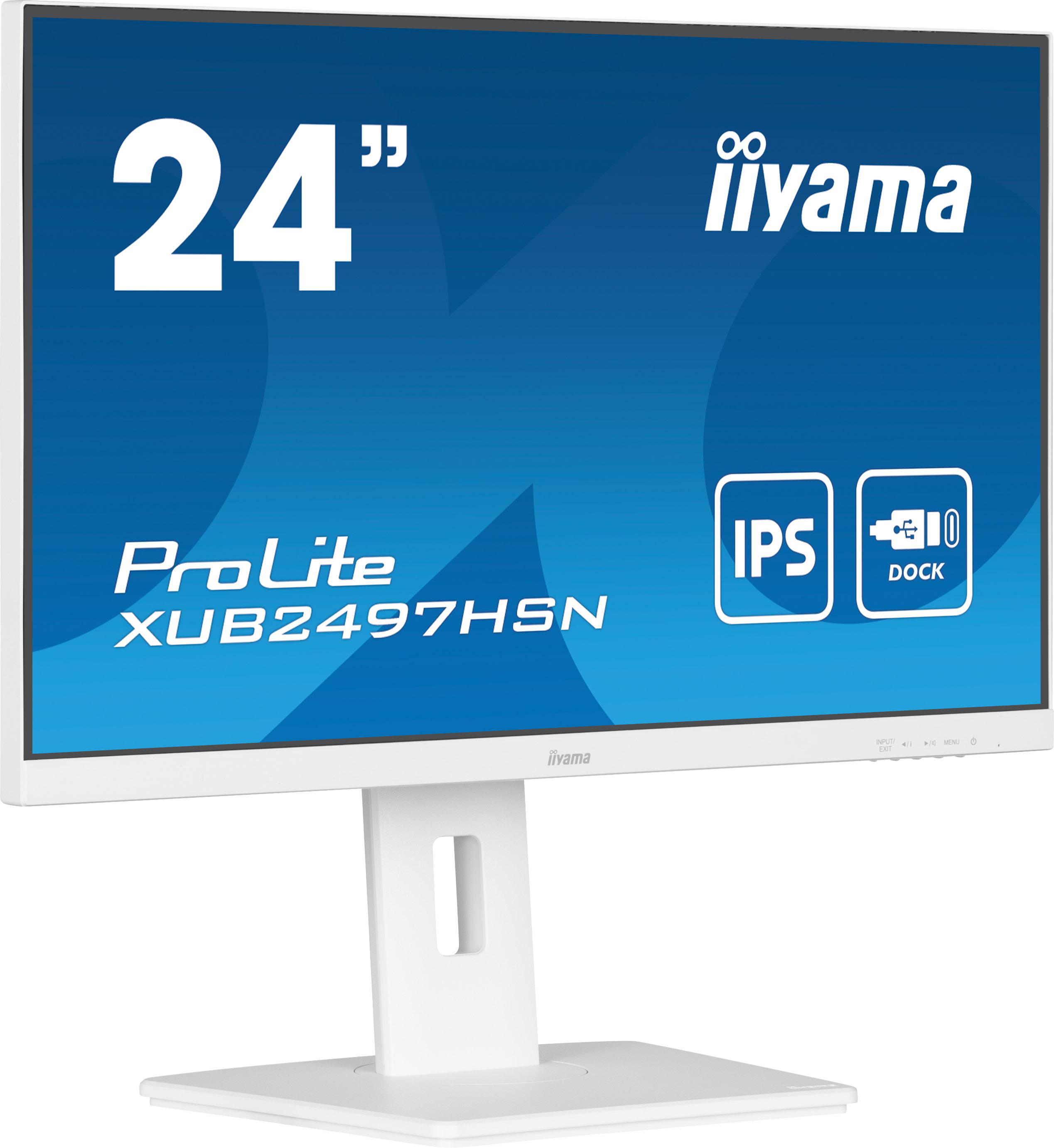 Weißer Computermonitor mit weißem Ständer. Der Bildschirm ist blau mit weißem Text und Symbolen.