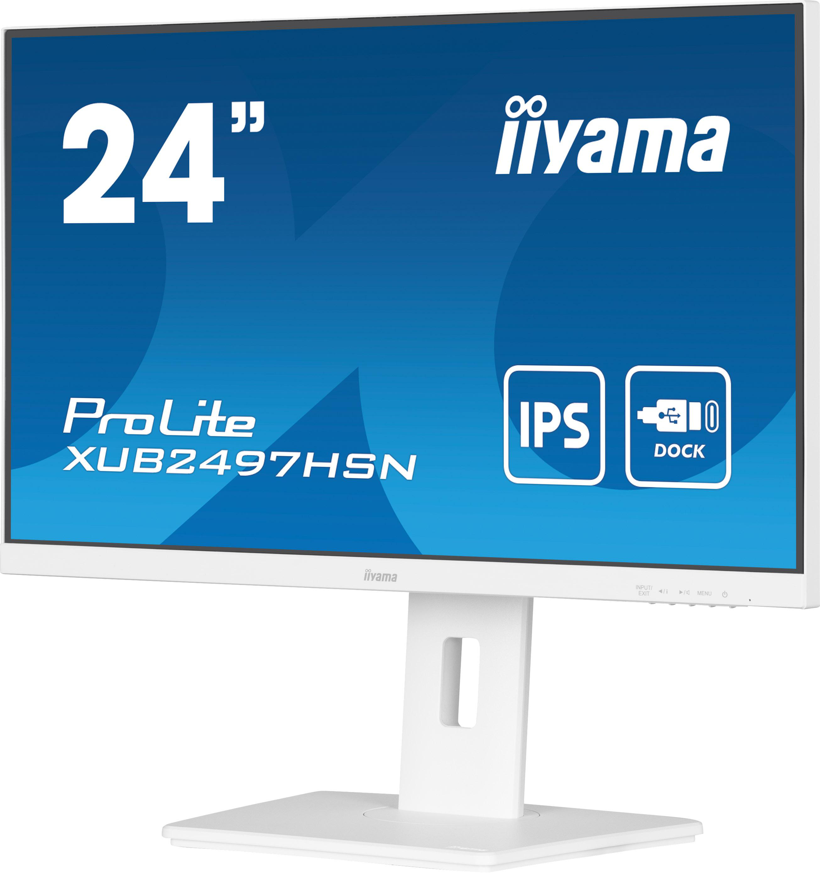 Seitenansicht eines weißen iiyama-Monitors, mit Ständer und Bildschirmseite.