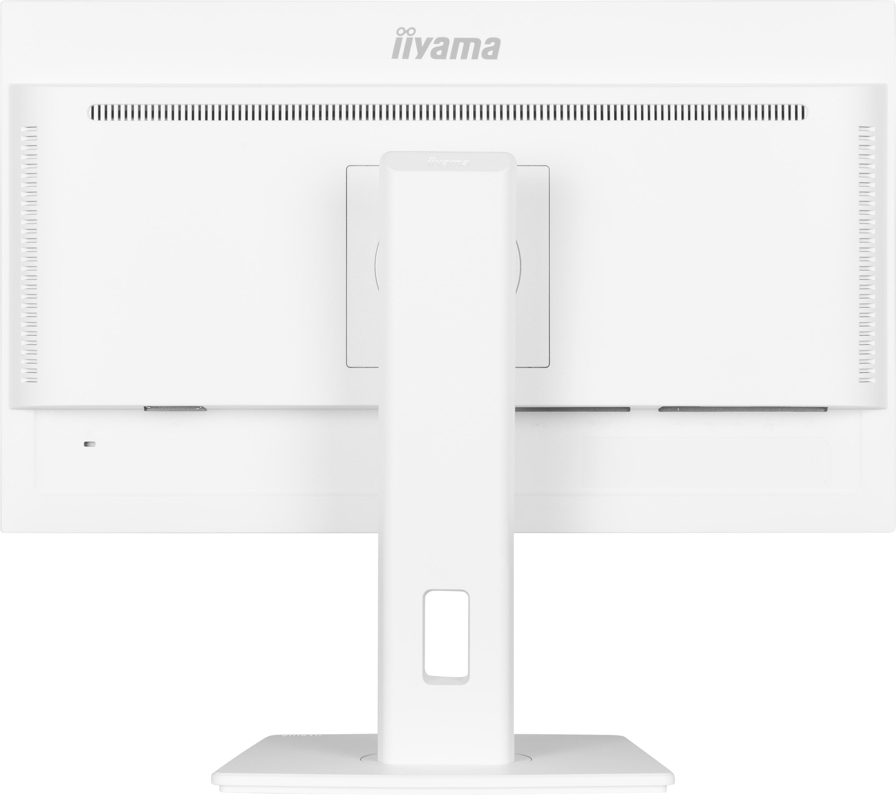Rückansicht eines weißen iiyama-Monitors, mit Rückseite, Ständer und Anschlüssen.