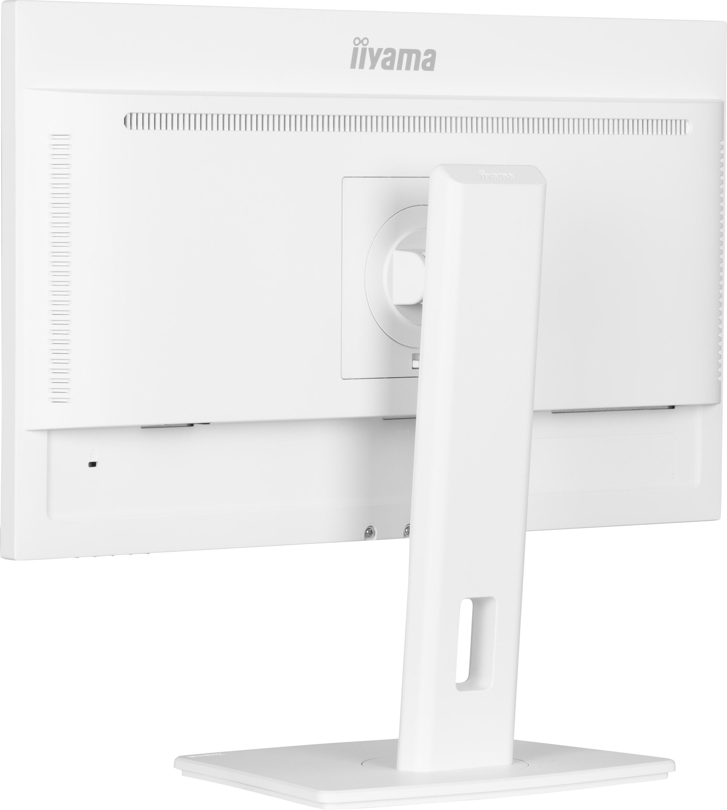 Rückansicht eines weißen iiyama-Monitors mit Rückseite, Ständer und Anschlüssen.