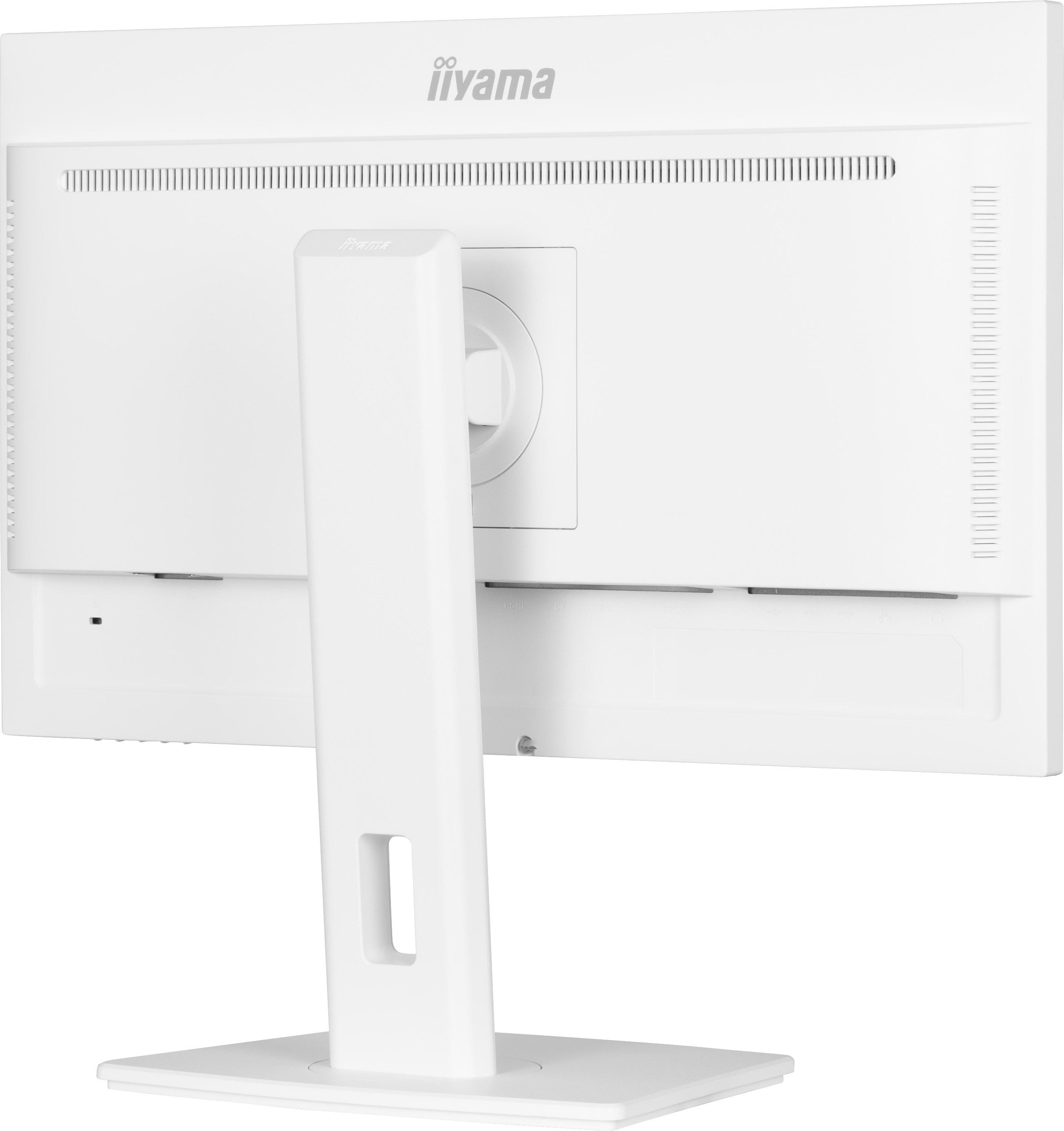 Nahaufnahme der Anschlüsse eines weißen iiyama-Monitors auf der Rückseite, mit Strom- und verschiedenen Anschlüssen.