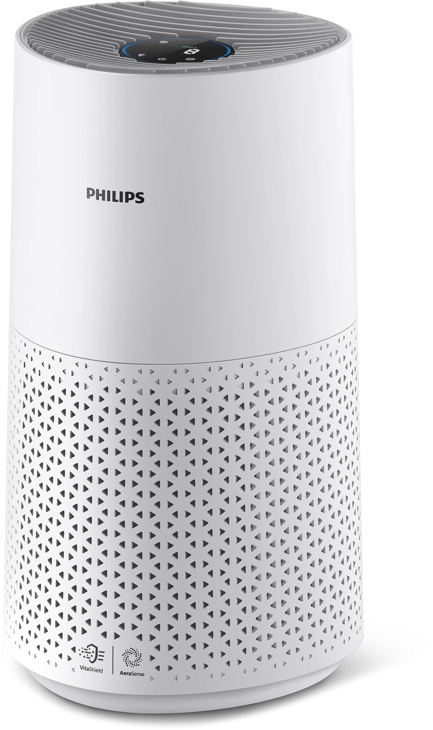 Fehér Philips légtisztító. Felső része szürke, digitális kijelzővel. Alsó része perforált.