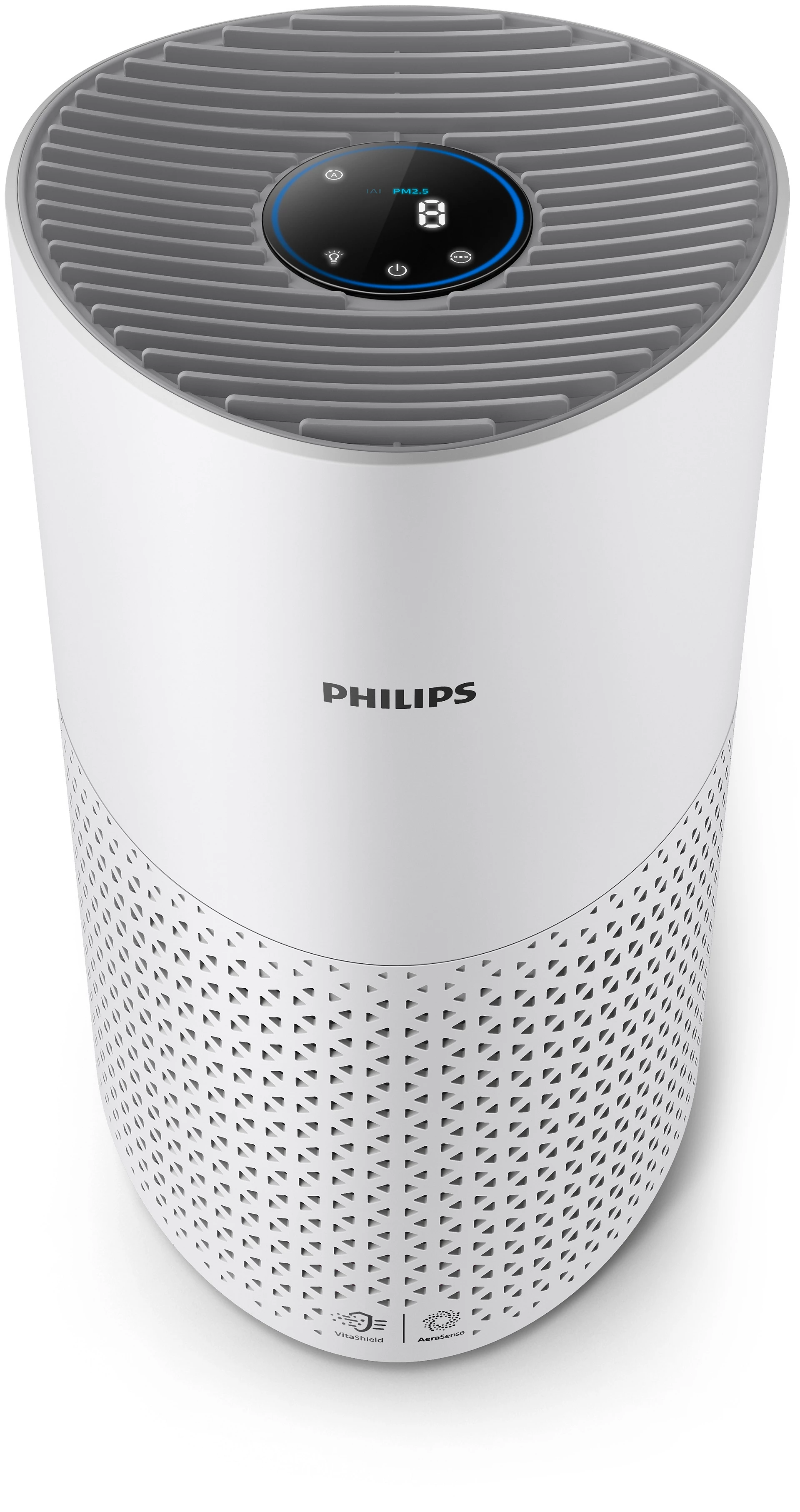 Fehér Philips légtisztító. Felső része szürke, digitális kijelzővel. Alsó része perforált.