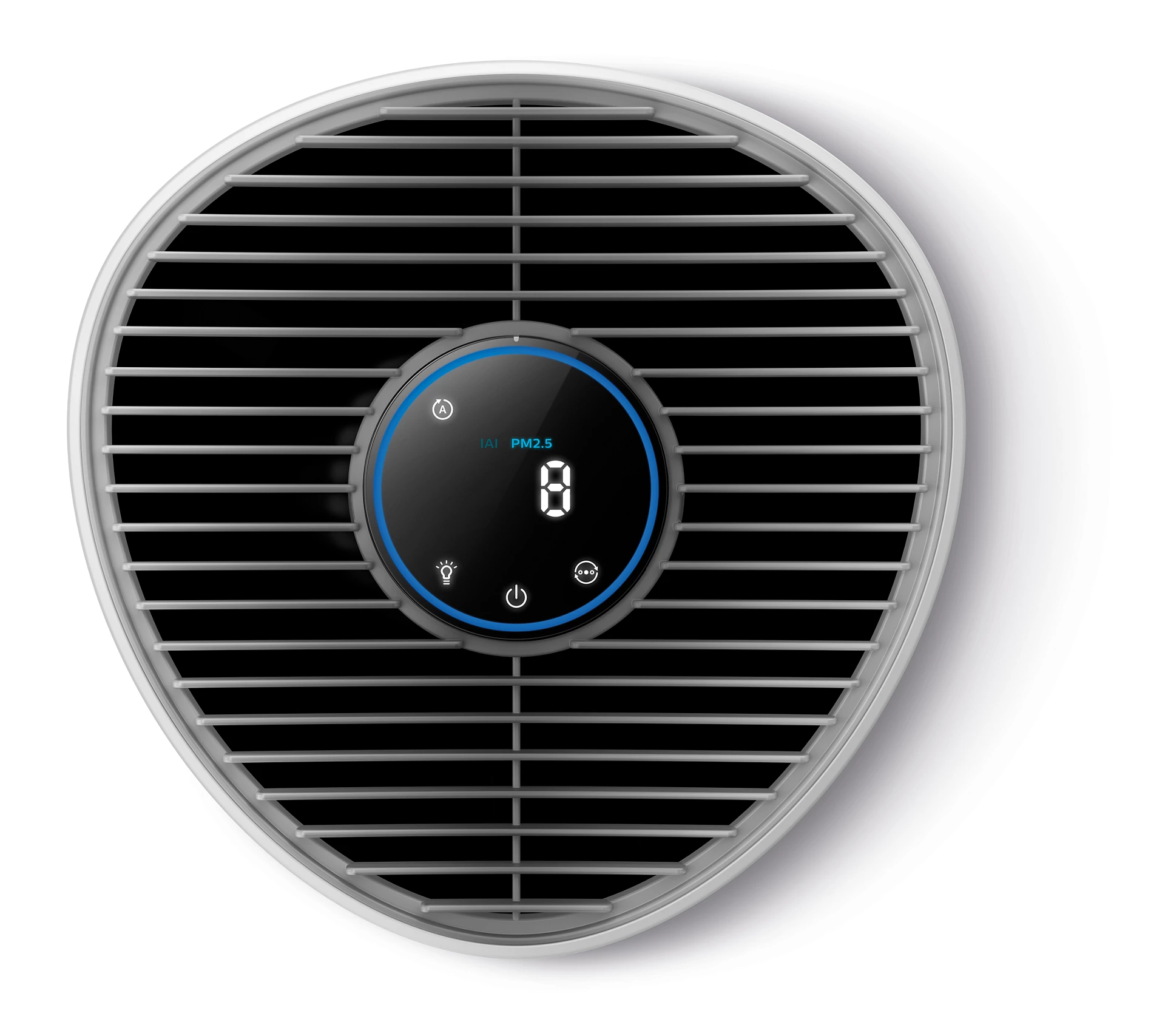 Felülnézet egy légtisztítóról. Digitális kijelzője mutatja a PM2.5 szintet. A kijelző fekete.