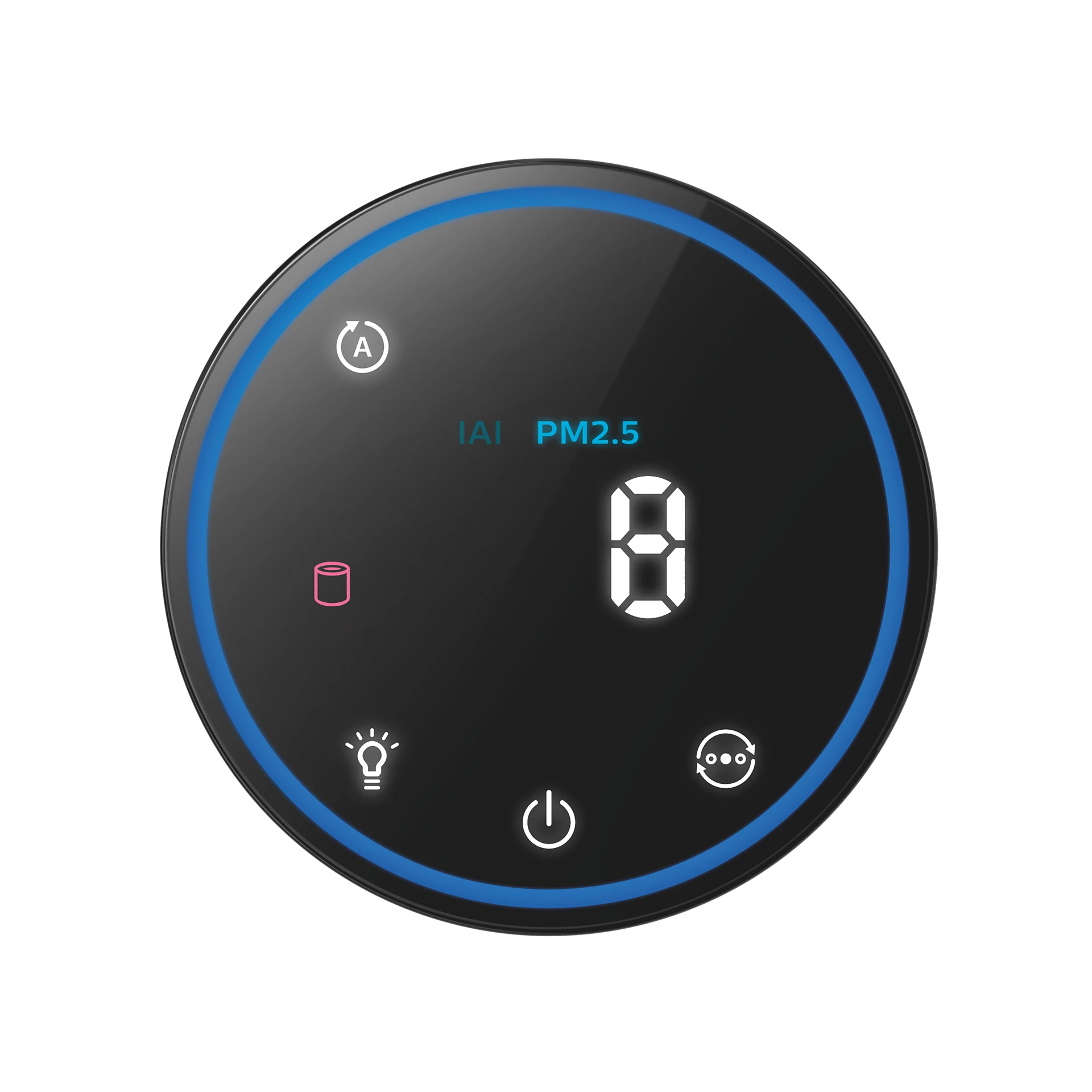 Légtisztító vezérlőpanel. Fekete, kék szegéllyel. PM2.5 szintet, bekapcsolást és egyéb ikonokat mutat.