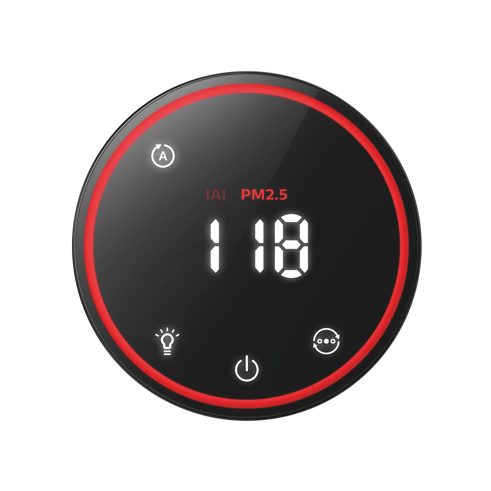 Légtisztító vezérlőpanel. Fekete, piros szegéllyel. PM2.5 szintje 118. Ikonok is láthatók.