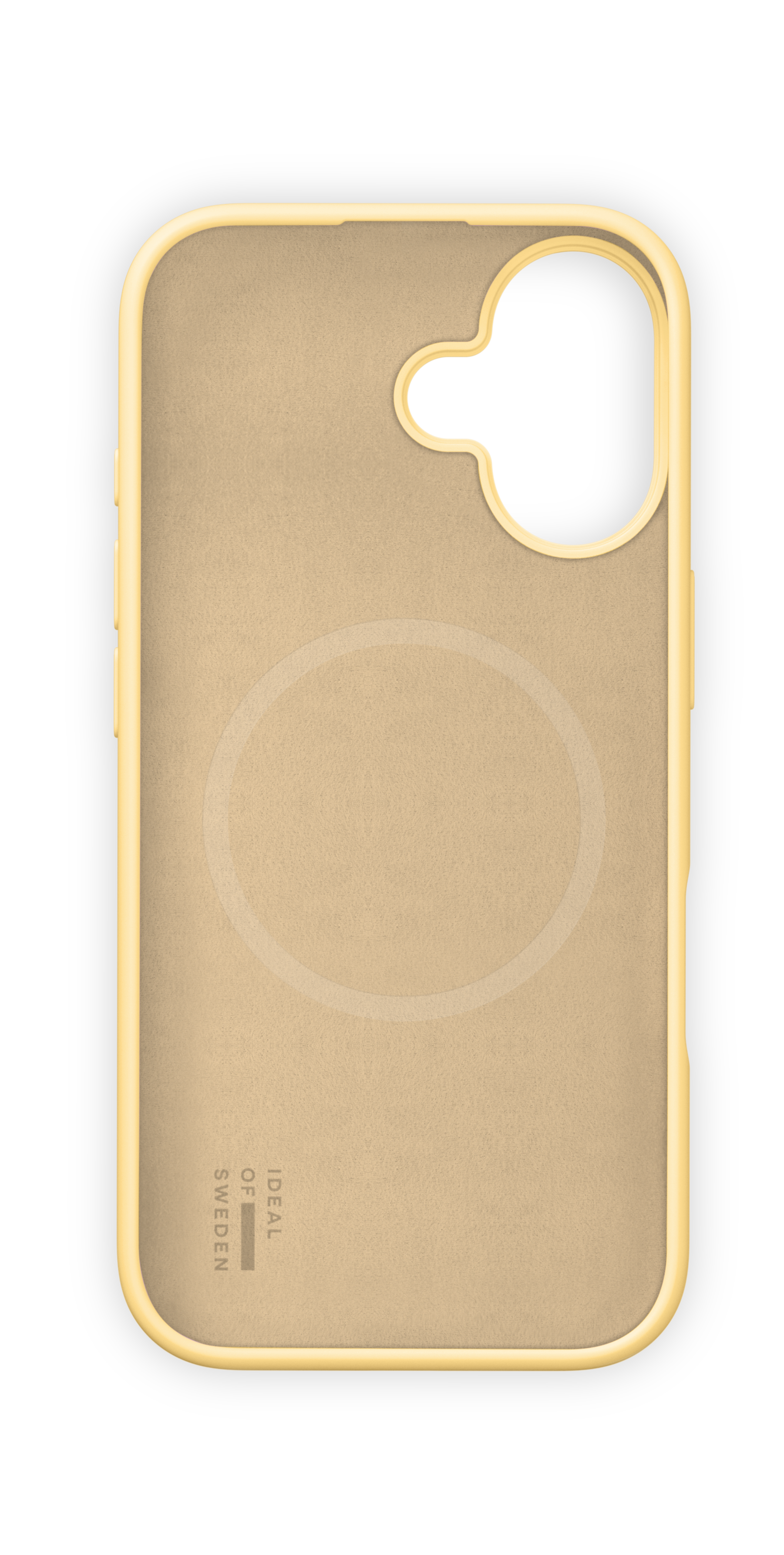 Eine beige Handyhülle mit kreisförmigem Design. Sie hat einen gelben Rand und das Ideal of Sweden-Logo.