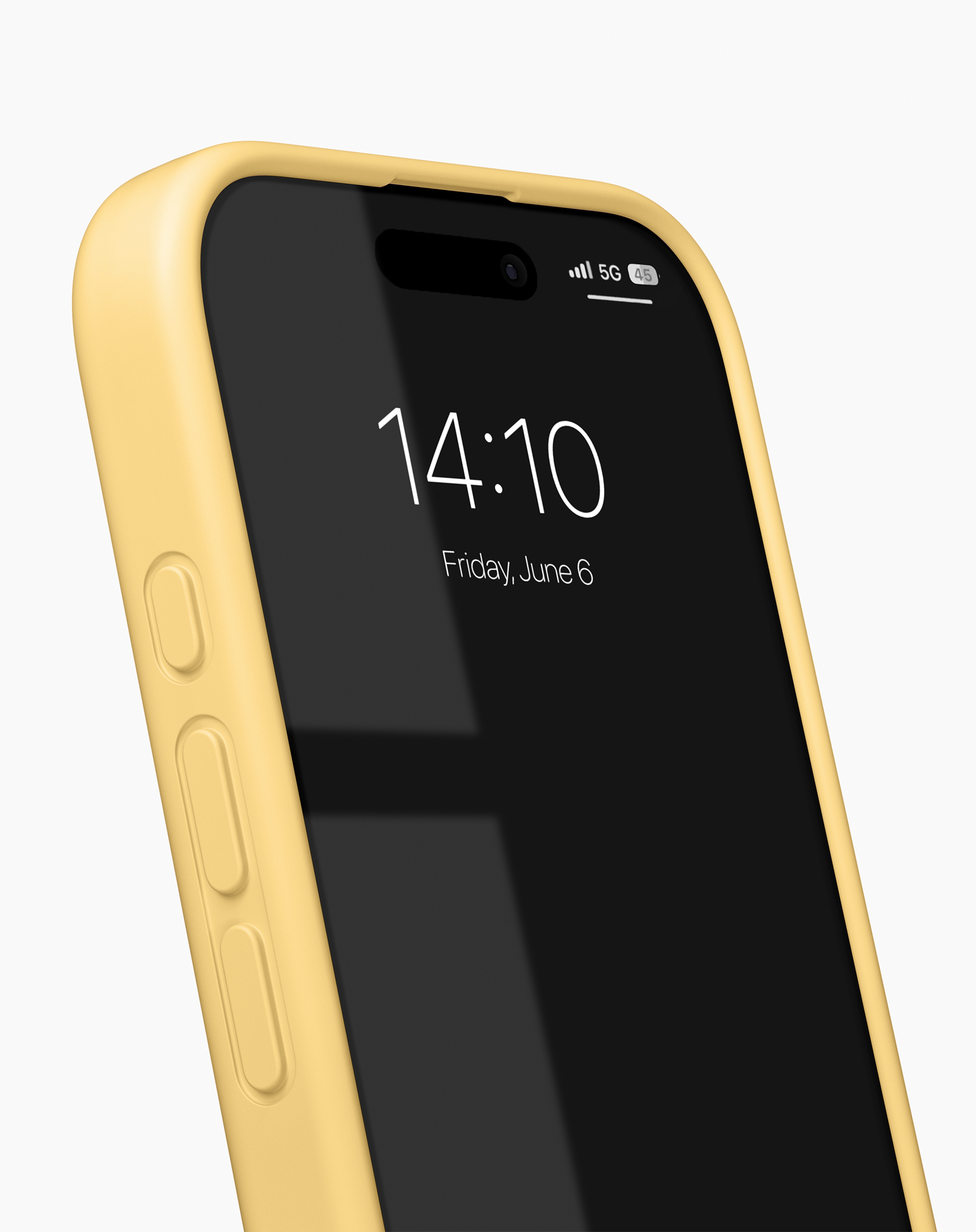 Ein gelbes Telefon mit schwarzem Bildschirm, der Zeit und Datum anzeigt. Es ist in einer gelben Hülle.