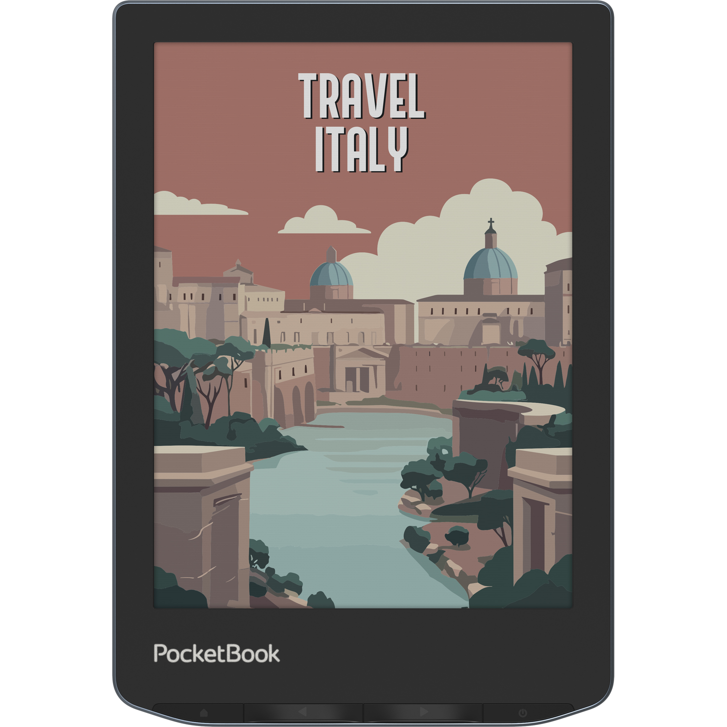 E-reader toont een Travel Italy-afbeelding met gebouwen, water en lucht. PocketBook logo onderaan.