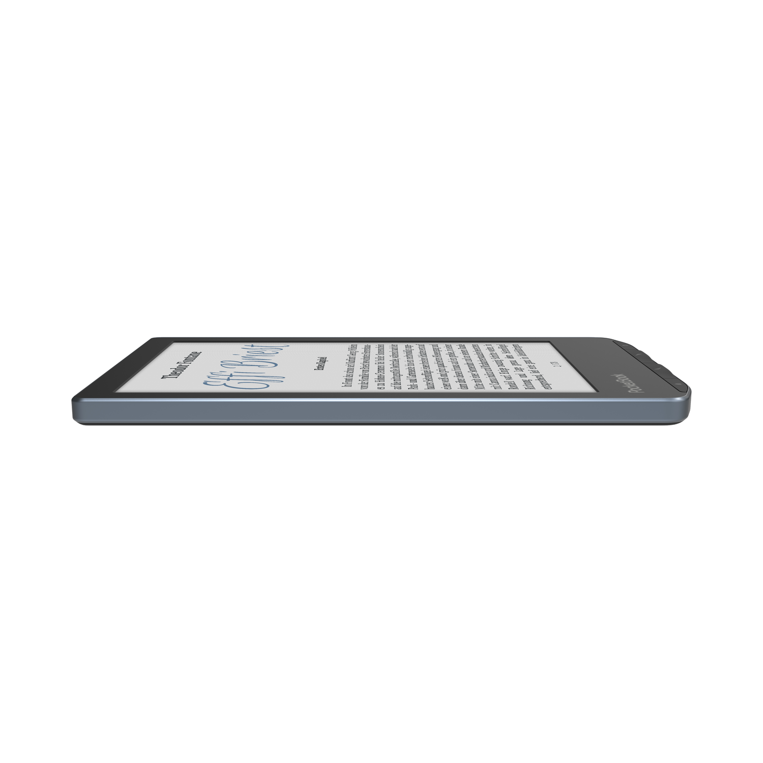 Zijaanzicht van een zwarte e-reader met tekst. Het apparaat ligt plat op het oppervlak.