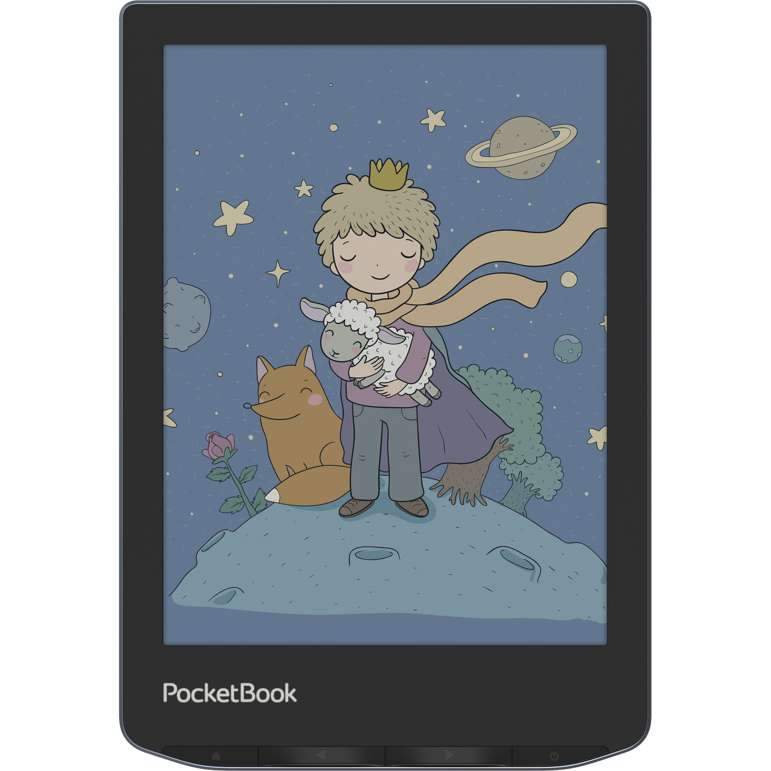 E-reader toont Little Prince illustratie. Jongen met kroon houdt schaap met een vos.