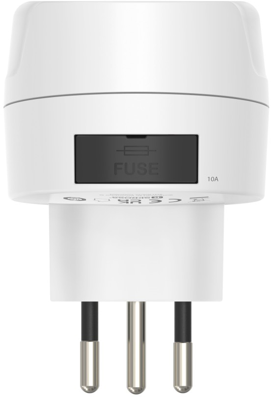 Fehér utazó adapter biztosíték rekesszel.