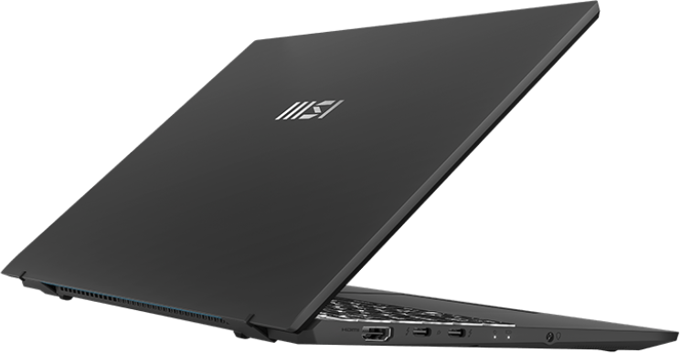 Fekete laptop, hátulnézet, nyitott. Billentyűzetet és portokat mutat. Háttér: fekete.