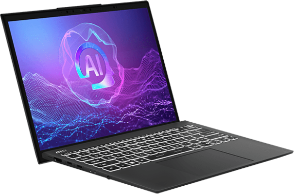 Fekete laptop, nyitott, AI grafikát mutató képernyővel. Billentyűzet látható. Háttér: fekete.