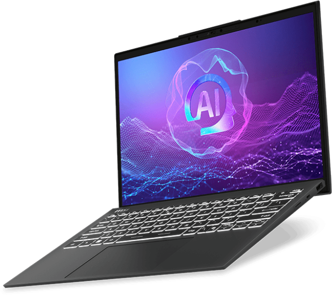 Laptop, szögben, nyitott, AI grafikát mutat a képernyőn. Billentyűzet és touchpad látható. Háttér: fekete.