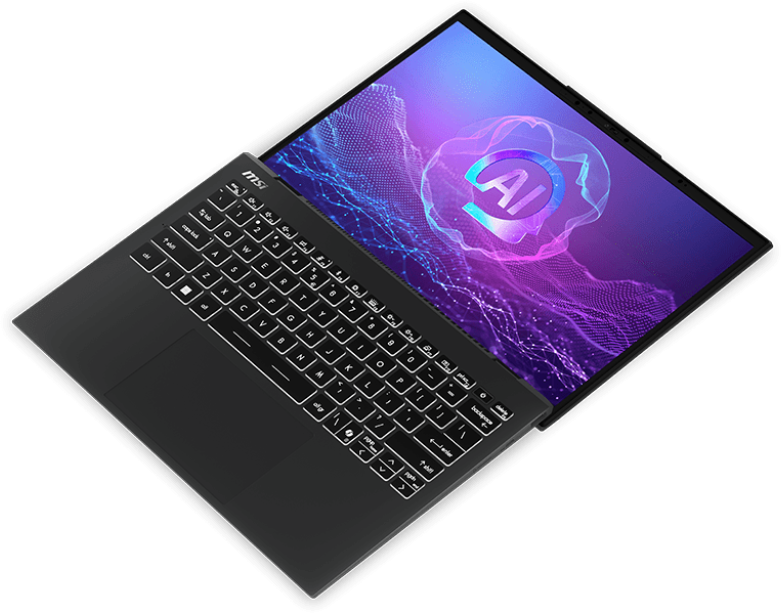 Laptop, nyitott, szögben, AI grafikát mutat a képernyőn. Billentyűzet és touchpad látható. Háttér: fekete.