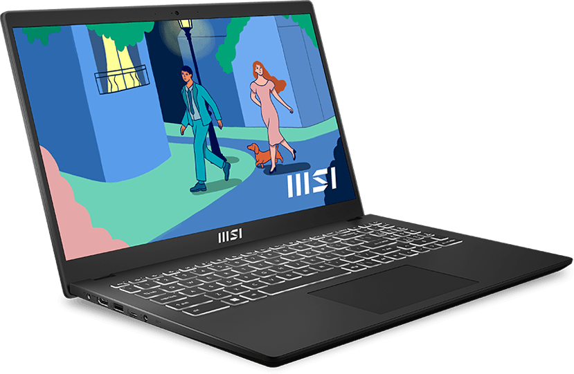 Laptop nyitva, a képernyő embereket sétálva ábrázol. Billentyűzet látható. Háttér: kék.