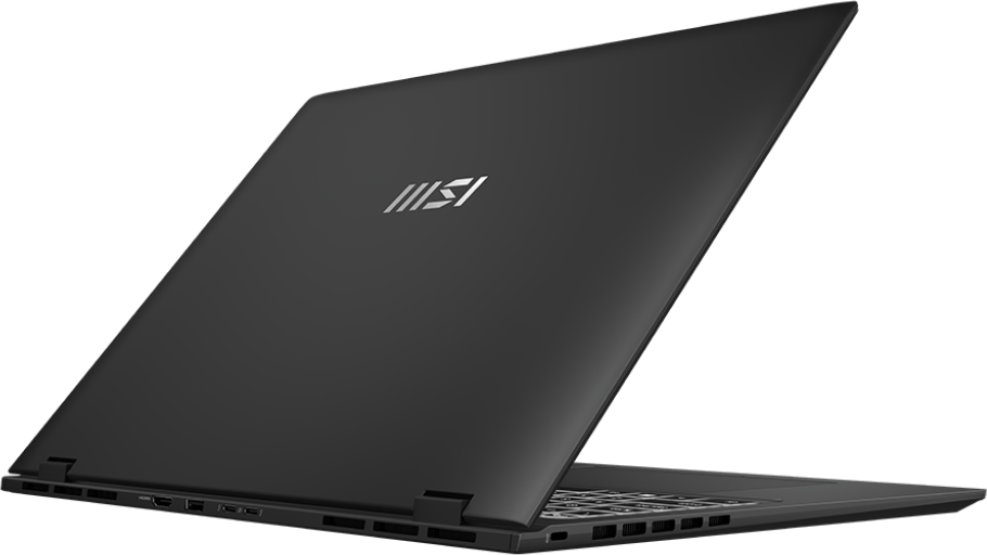 Fekete laptop, hátulnézet, nyitott. Billentyűzet és portok láthatók. Háttér: fekete.