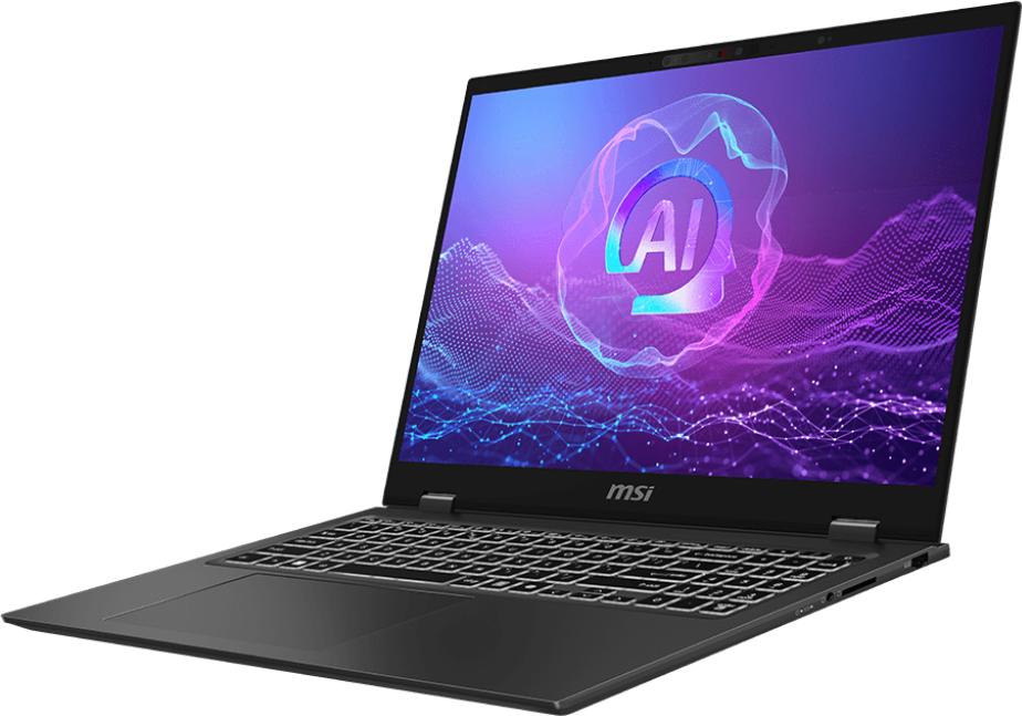 Laptop, szögben, nyitott, AI grafikát mutat a képernyőn. Billentyűzet látható. Háttér: fekete.