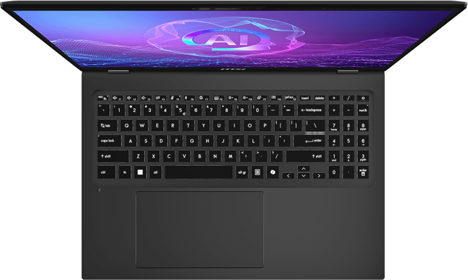 Laptop, nyitott, felülnézet, AI grafikát mutat a képernyőn. Billentyűzet és touchpad látható. Fekete.