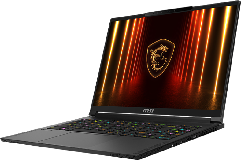 Fekete laptop, szögben nyitott, világító billentyűzettel és sárkány logóval.