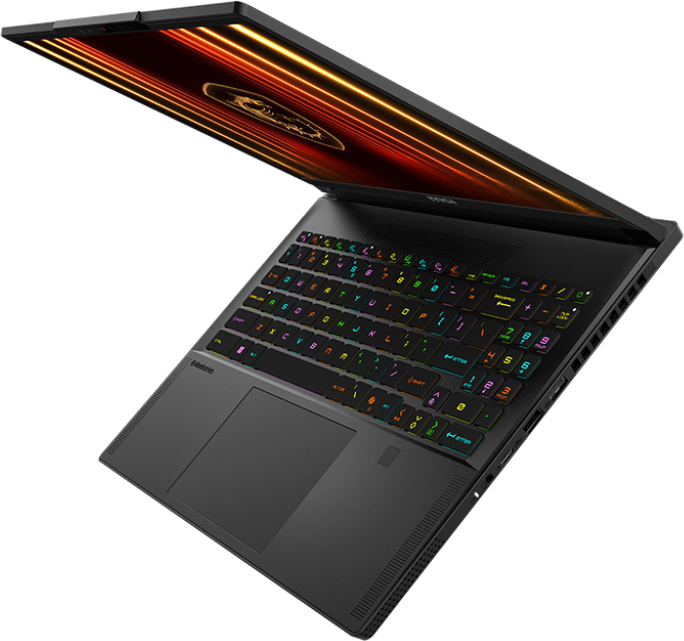 Laptop nyitva, többszínű billentyűzettel. A képernyőn sárkány logó látható.