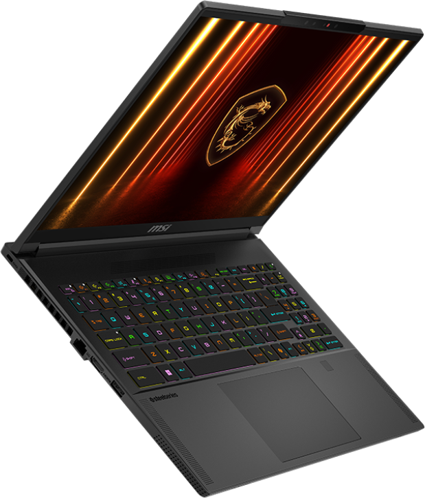 Fekete laptop szögben, nyitva, világító billentyűzet, logós képernyő, narancs fények.