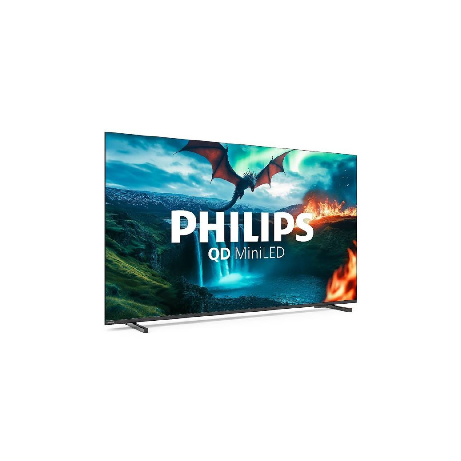 Philips QD MiniLED TV toont een fantasie-scène met een draak, watervallen en vuur. De tv staat op een witte achtergrond.