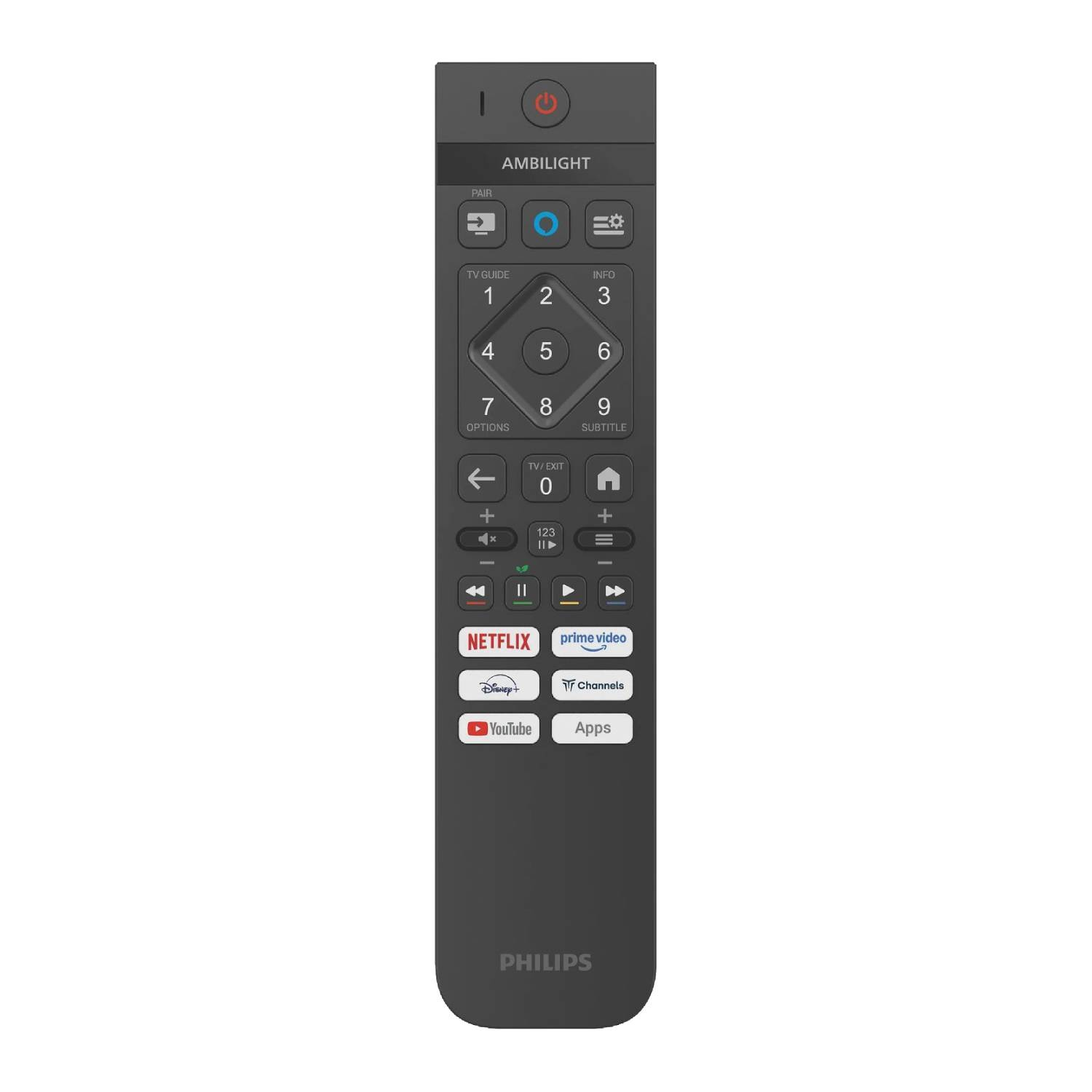 Donkergrijze Philips TV-afstandsbediening met knoppen voor kanalen, Netflix, YouTube en nummers.