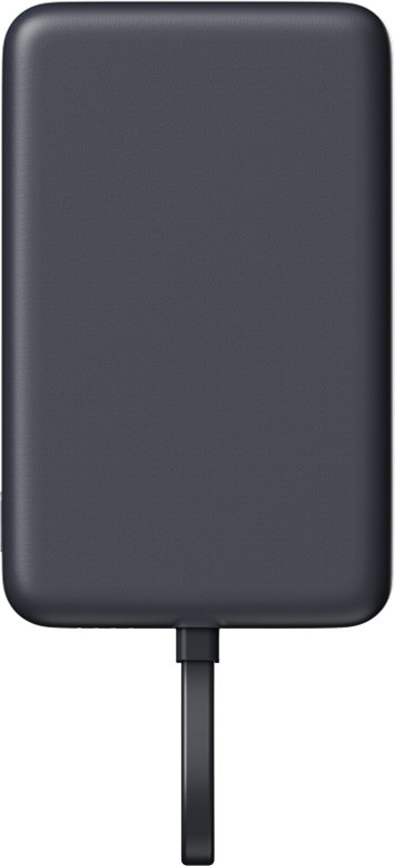 Sötétszürke power bank fekete kábellel.