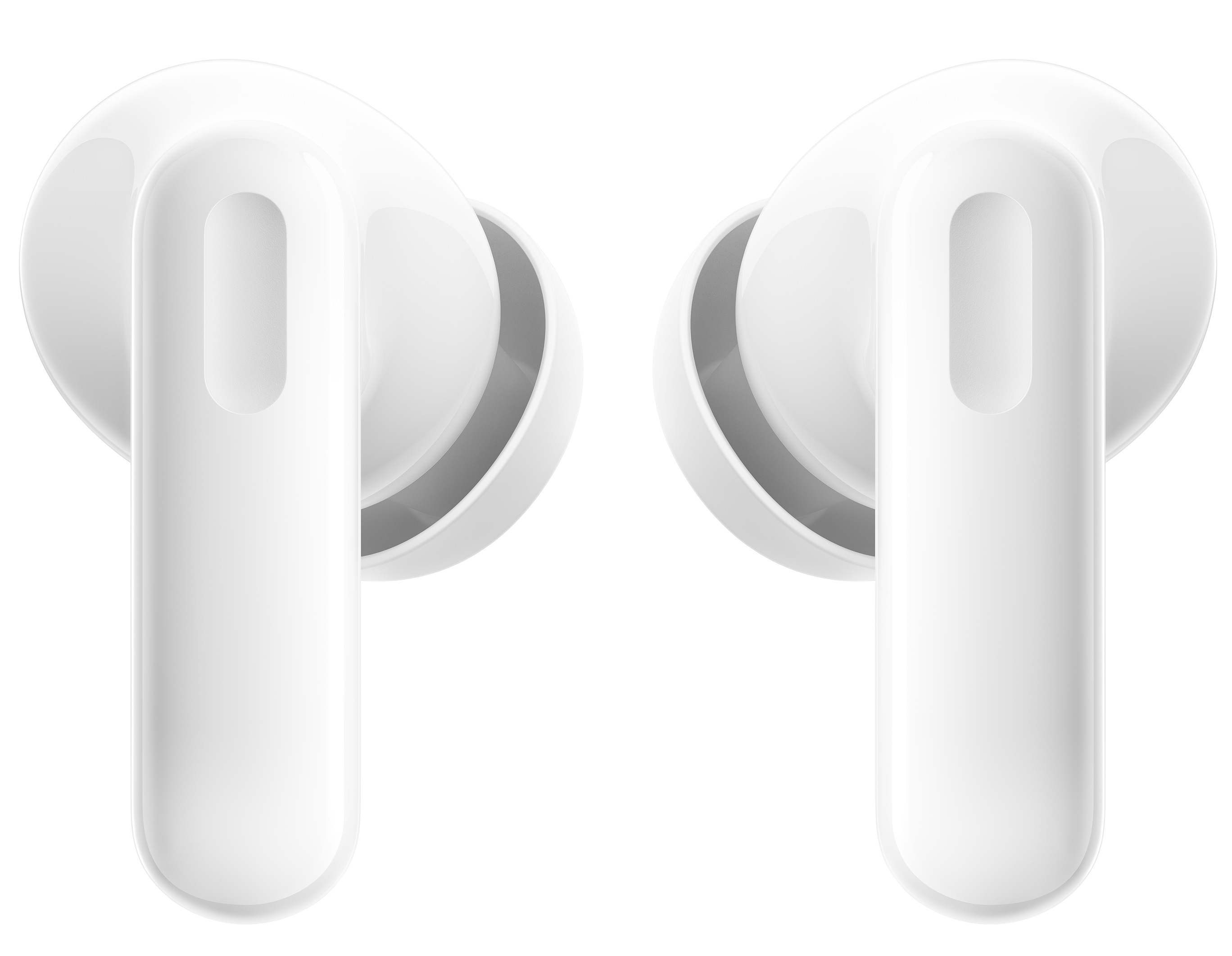 Dwa białe bezprzewodowe słuchawki na białym tle. Każdy ma trzon i słuchawkę.