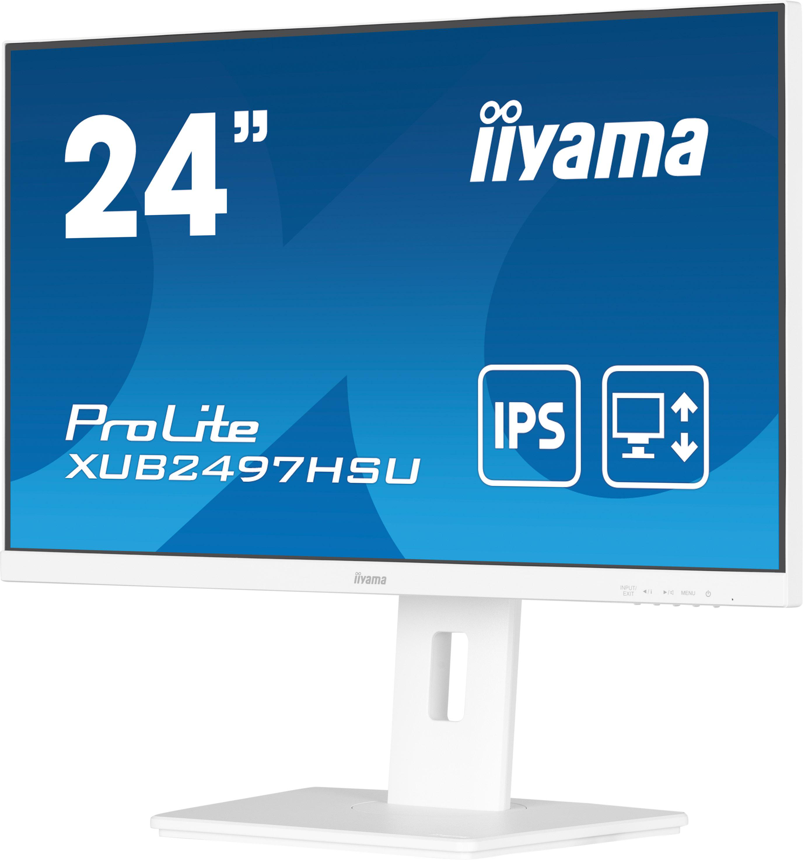 Weißer iiyama-Monitor mit 24-Zoll-Bildschirm. Der Bildschirm hat einen blauen Hintergrund mit Text und Symbolen.