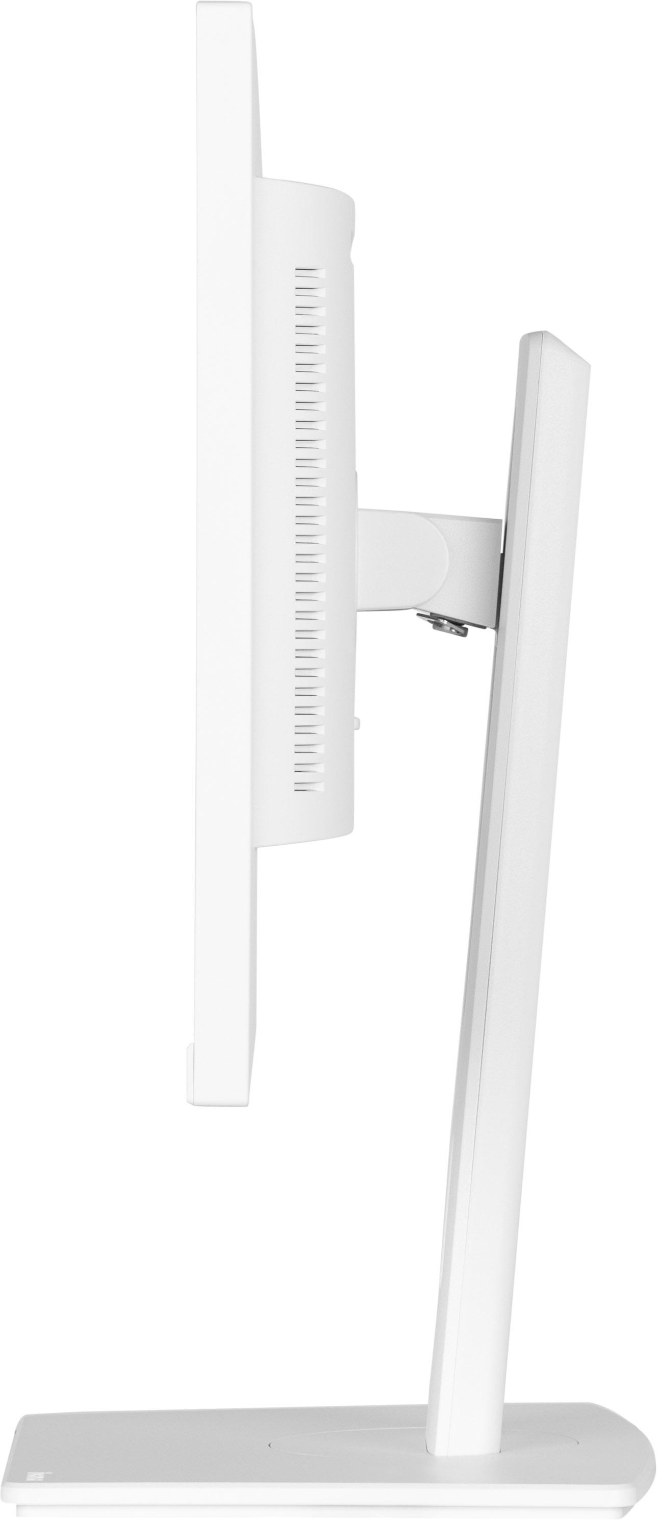 Seitenansicht eines weißen Computermonitors. Der Monitor hat einen Ständer, ein Anzeigefeld und einen Tragarm. Alle Komponenten sind weiß.