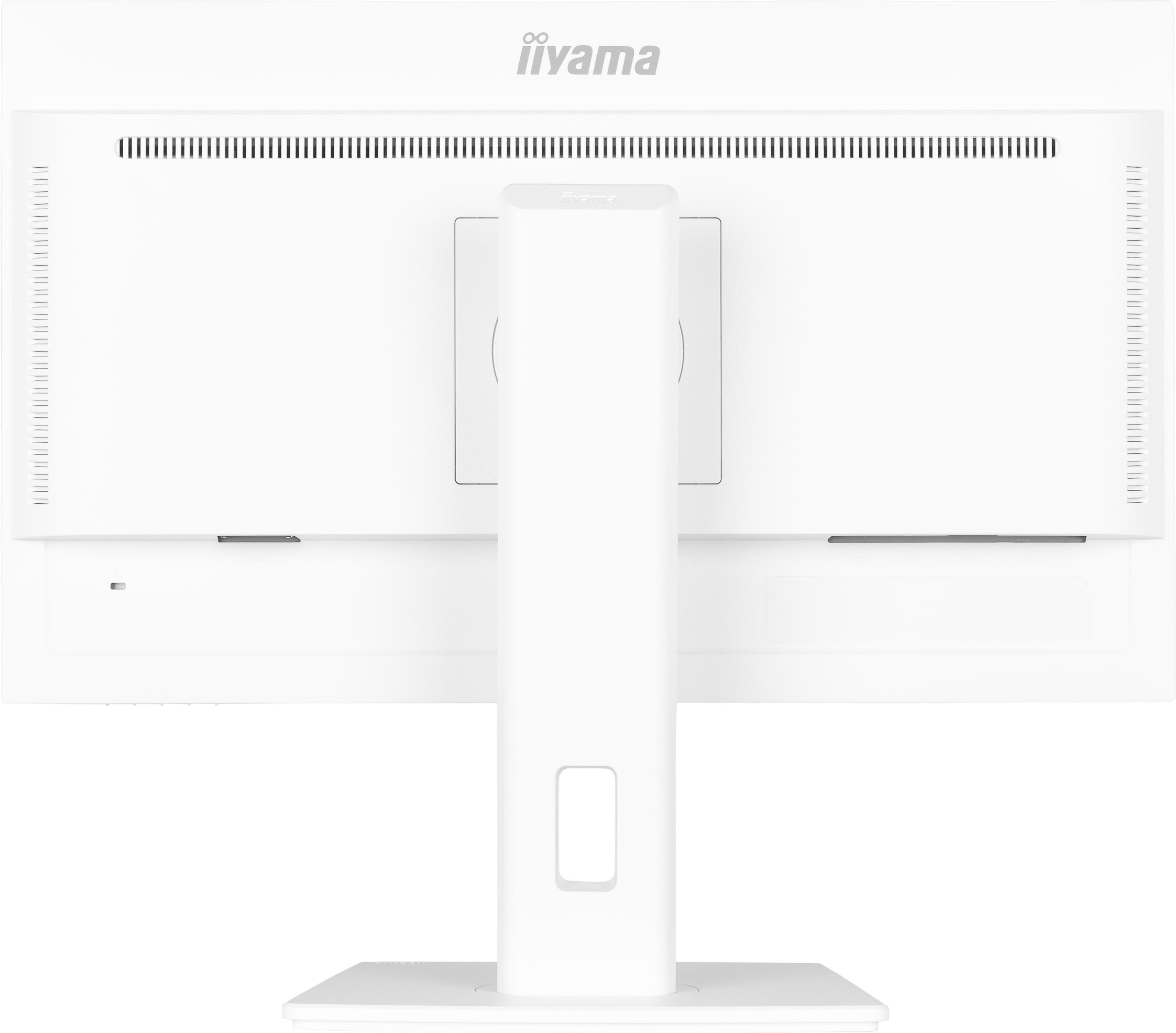 Rückseite eines weißen iiyama-Monitors. Es hat einen Ständer und Lüftungsschlitze. Das Logo ist oben sichtbar.