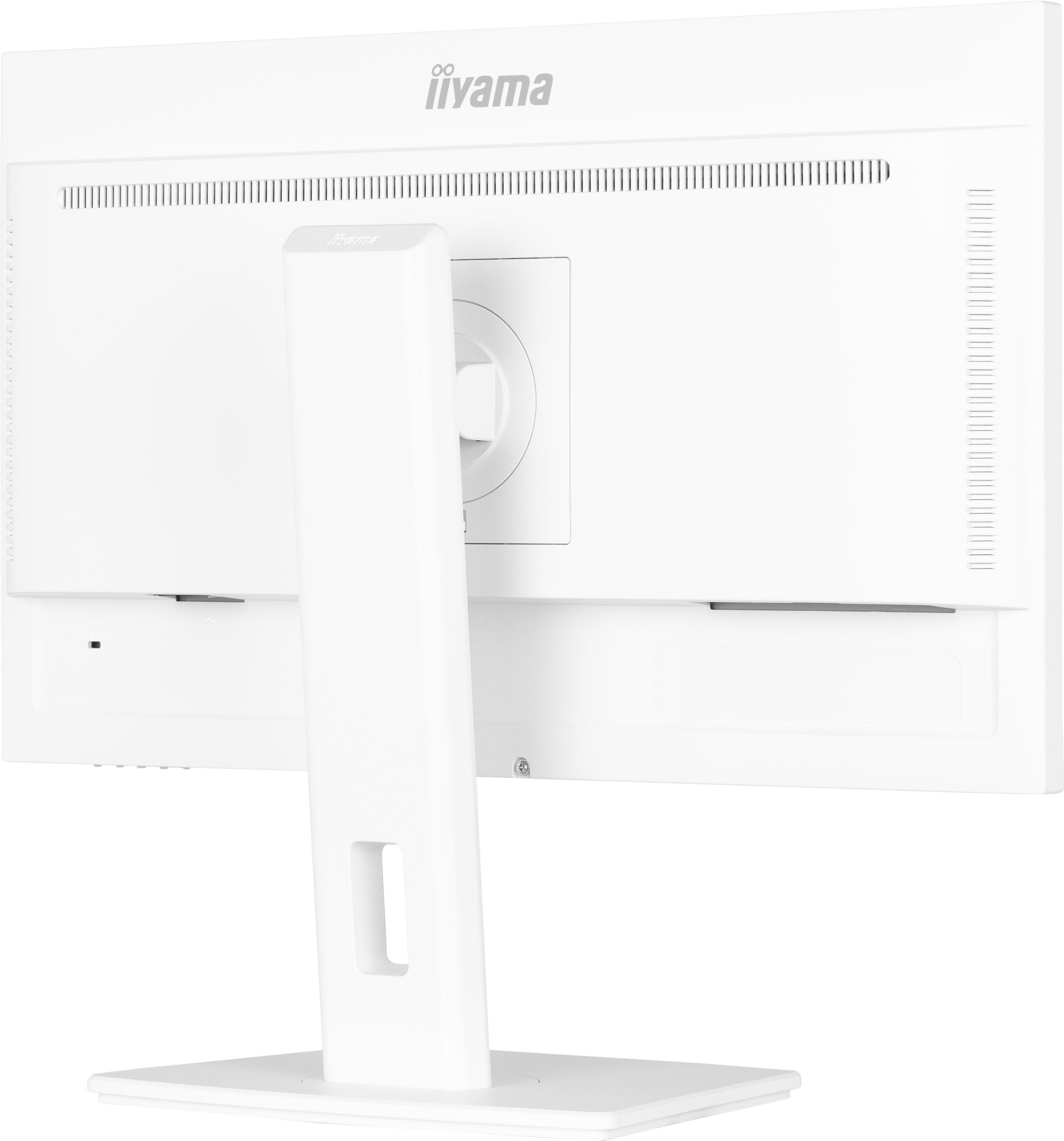 Weißer Computermonitor. Die Rückseite zeigt einen Ständer und Belüftung. Die Marke ist iiyama.