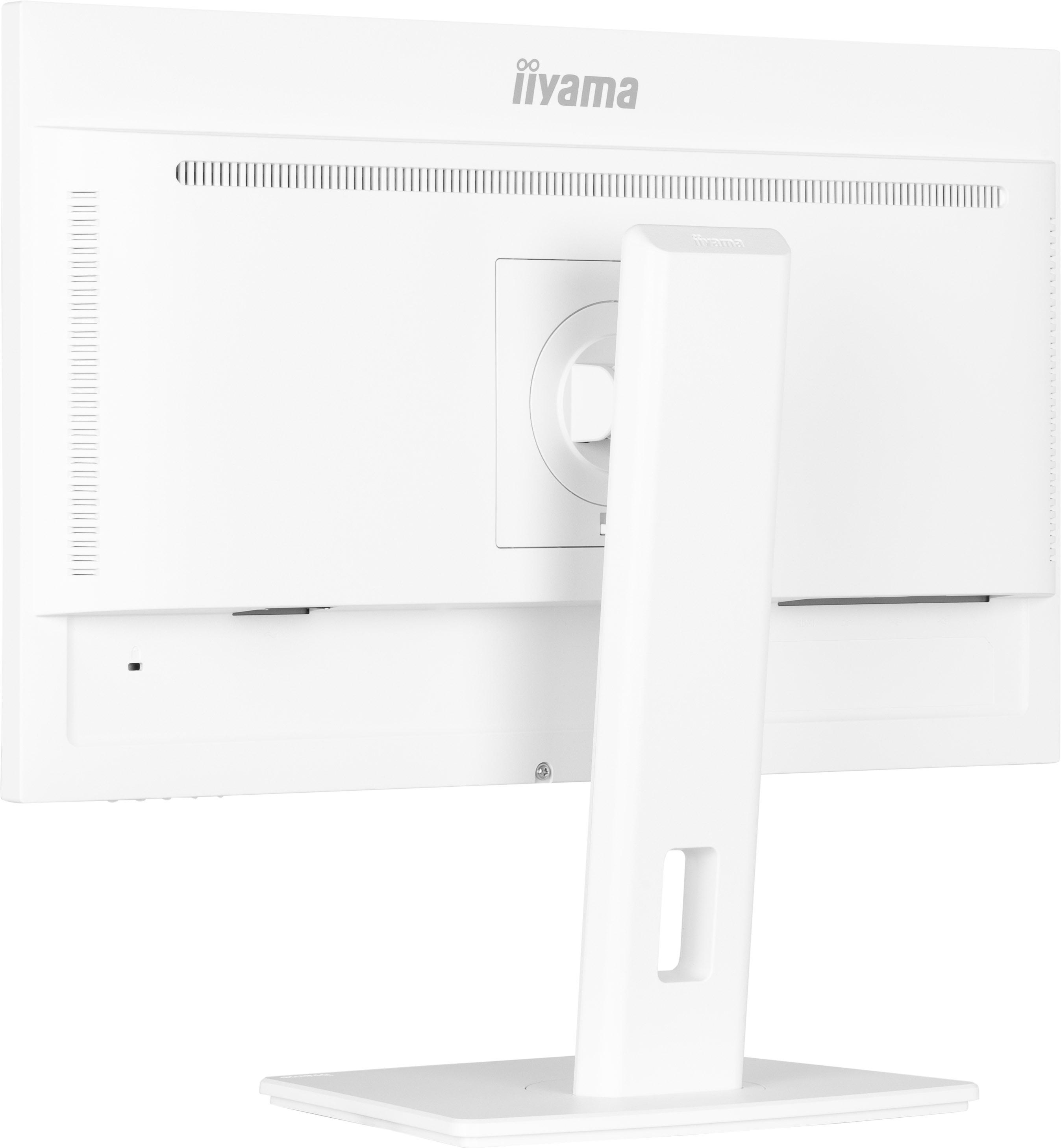 Rückansicht des weißen iiyama-Monitors. Ständer und Anschlüsse sichtbar.