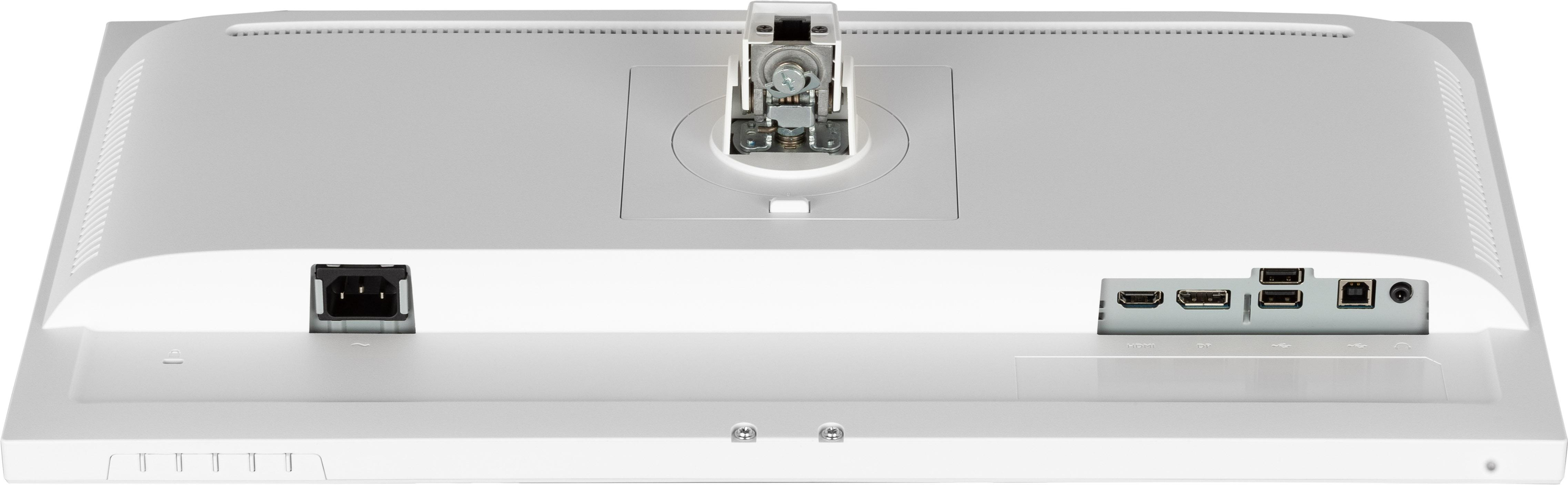 Rückseite des weißen Monitors. Stromanschluss, HDMI, USB-Anschlüsse und Halterung sichtbar.